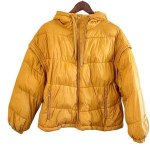 Zara Mustard Yellow Puffer Jacket Cropped water Repellent Detachable Sleeves Sm